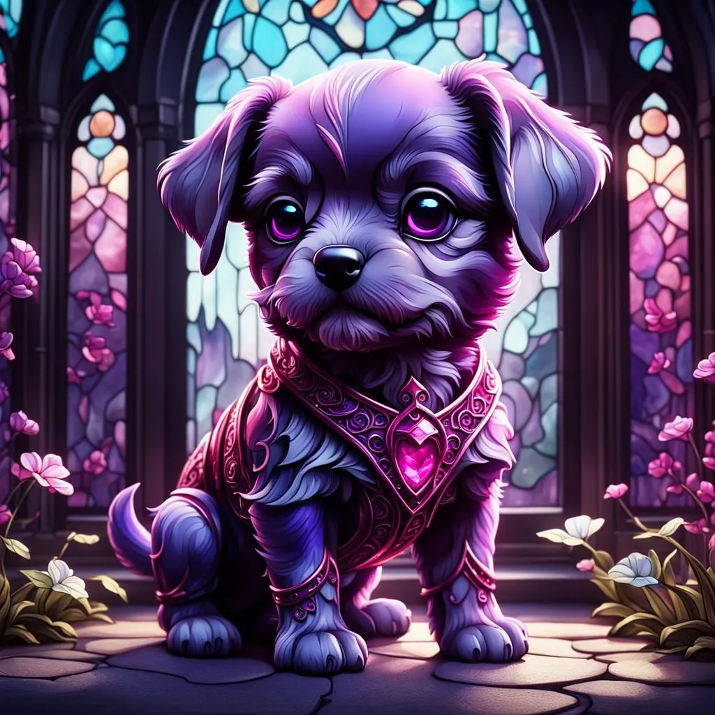 A cute purple puppy sits in front of a stained glass window. The puppy has a collar with a heart-shaped gem on it. The puppy is looking at the viewer with its big, round eyes. There are flowers on either side of the puppy. The puppy is wearing a suit of armor.