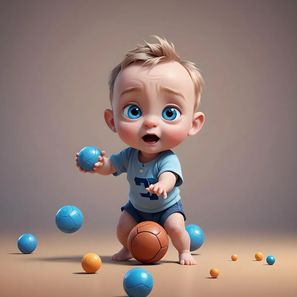 The image shows a cute baby boy playing with balls. He is sitting on the ground and has a surprised expression on his face. He is wearing a blue shirt and a diaper. There are many balls of different colors around him. The background is a solid brown color. The baby is rendered in a realistic style and the image has a warm and inviting atmosphere.