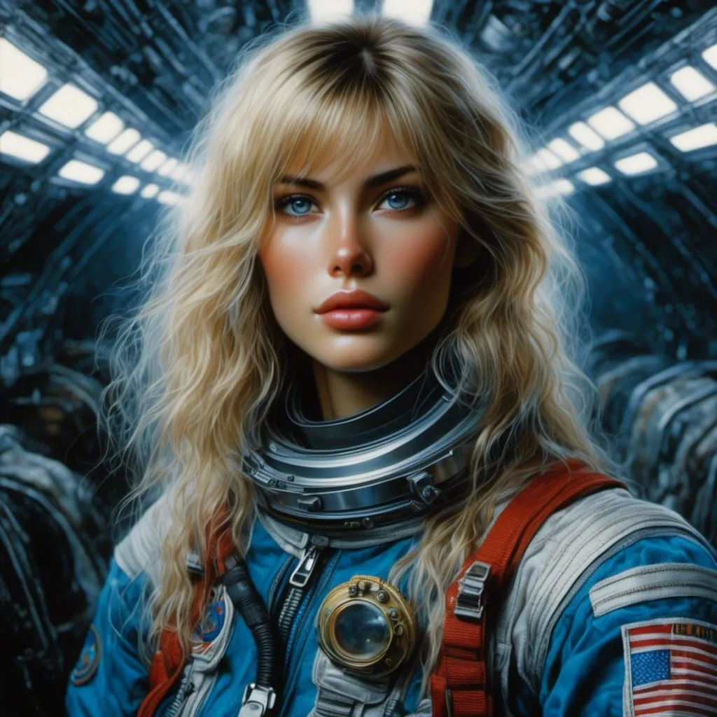 This is an image of a young woman in a spacesuit with blond hair and blue eyes. She is looking at the camera with a serious expression. She is wearing a blue spacesuit with a red and white patch on her shoulder. The spacesuit has a clear bubble helmet.