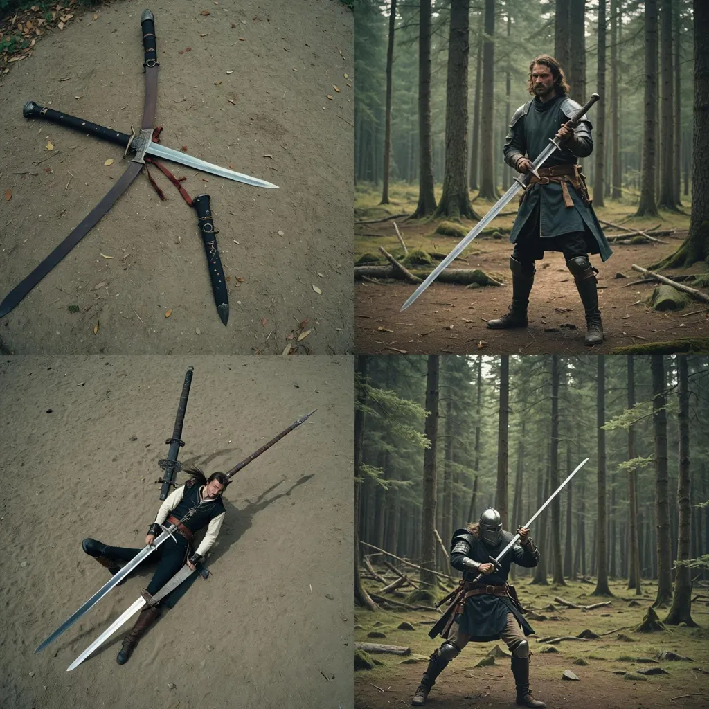 The image is of a man with a sword. He is standing in a forest, and he is wearing a green tunic and brown boots. The sword is long and thin, and it has a silver blade. The man is holding the sword in his right hand, and he is looking at it intently. In the second picture the man is posing with the sword. In the third picture the man is on the ground, defeated. In the fourth picture the man is fighting with another man.