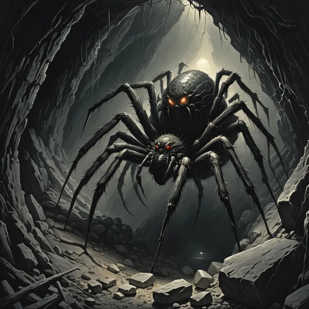 The giant spider is a fearsome creature that lurks in the dark caves of the Underdark. It has eight long, hairy legs and a body the size of a small horse. Its eyes are red and glow in the dark, and its fangs are dripping with venom. The giant spider is a solitary creature, and it spends most of its time hunting for prey. It is a powerful predator, and it can easily kill a human with a single bite. The giant spider is a dangerous creature, and it should be avoided at all costs.