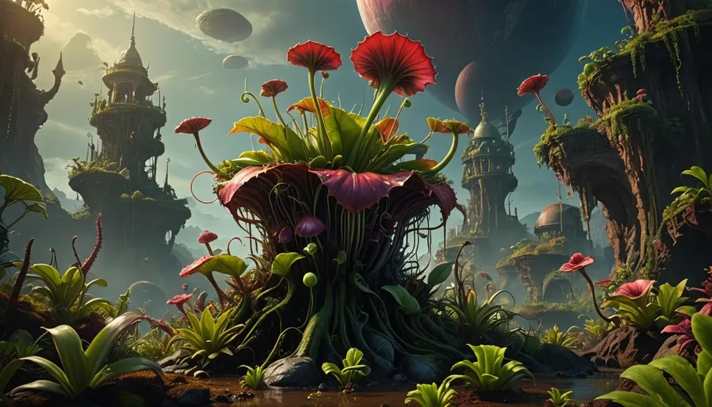 The image depicts a lush alien landscape with giant flowers and floating islands. The flowers are red and green, and they have long, curling petals. The islands are covered in green vegetation, and they are surrounded by a mist. In the background, there are large, floating structures that resemble ancient ruins.