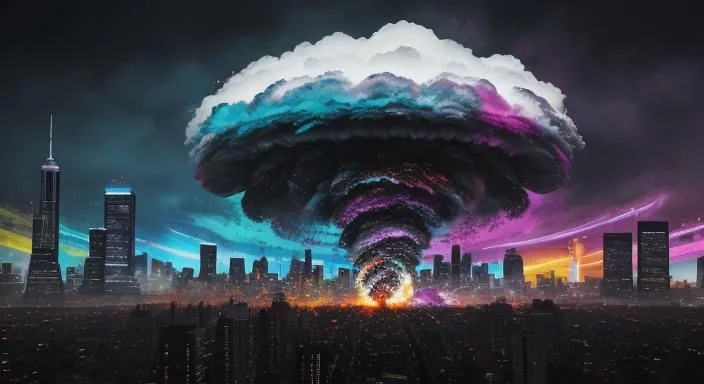 A large tornado is destroying a city. The tornado is surrounded by a colorful cloud. The city is in ruins and there are fires everywhere. The tornado is very powerful and is destroying everything in its path. The image is very dark and ominous.