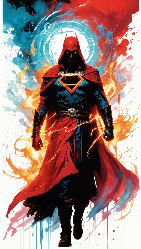 The picture shows a superhero. He's wearing a red cape and a blue suit. The red cape has a yellow symbol on it. He's also wearing a red and yellow belt. He has a scowl on his face. There is a colorful background with bright red, blue, and yellow.