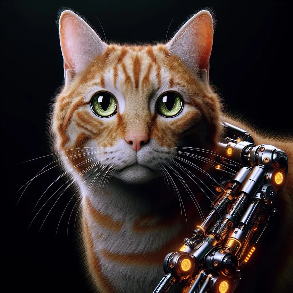 The image is a photo of a cat. The cat is orange and white, with green eyes. It is wearing a black collar with a tag that says "Property of Cyberdyne Systems." The cat is standing in front of a black background. There is a robotic arm attached to the cat's shoulder. The arm is made of metal and has a claw-like hand. The cat is looking at the camera with a curious expression.