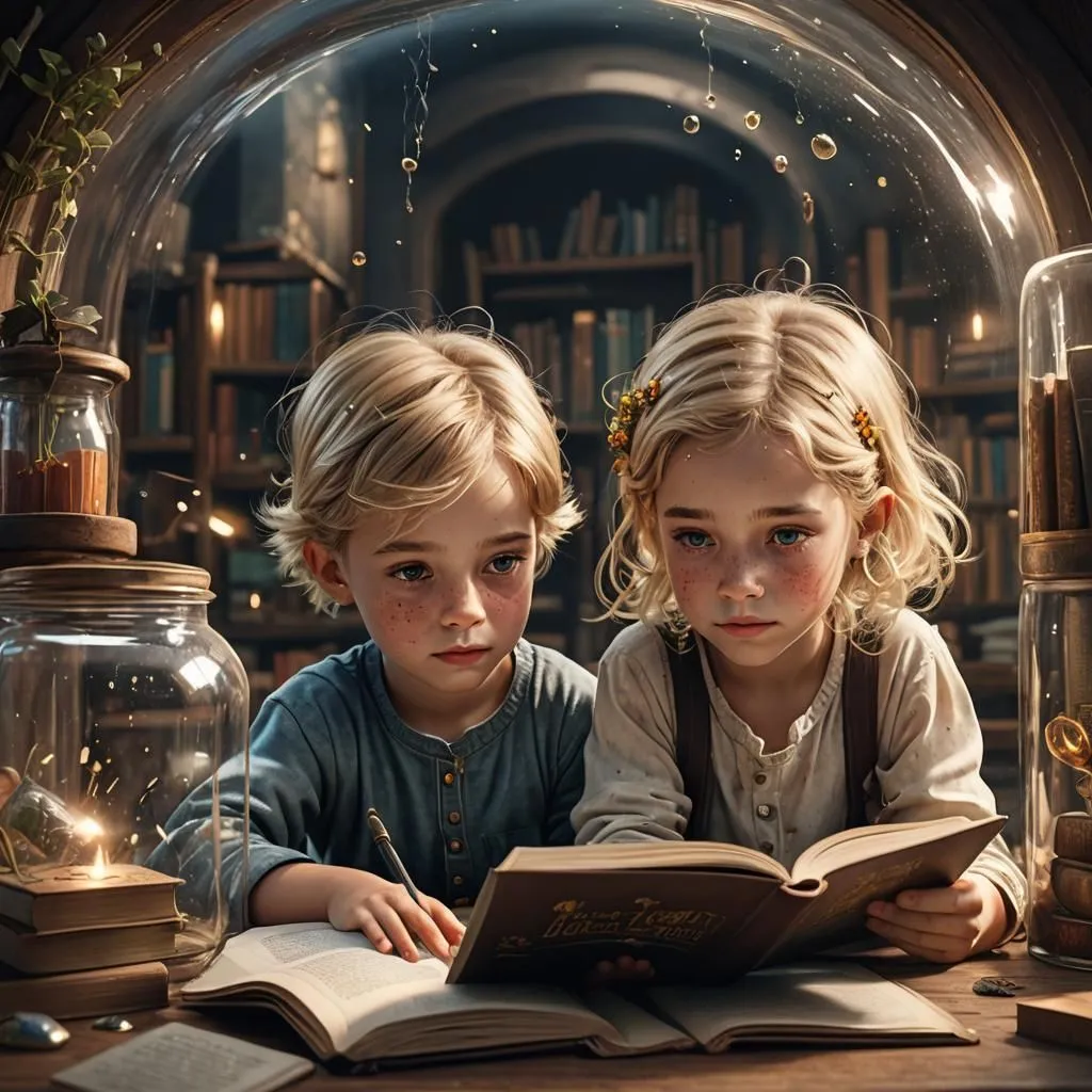 Two young children are reading a book in a library. They are sitting at a wooden table, and there are bookshelves all around them. The boy has a quill in his hand and is writing something in a book. The girl is looking at the book the boy is writing in. They are both wearing simple clothes, and they have long blond hair. The library is full of magical items. There are floating books, and there are jars filled with strange and wonderful things.