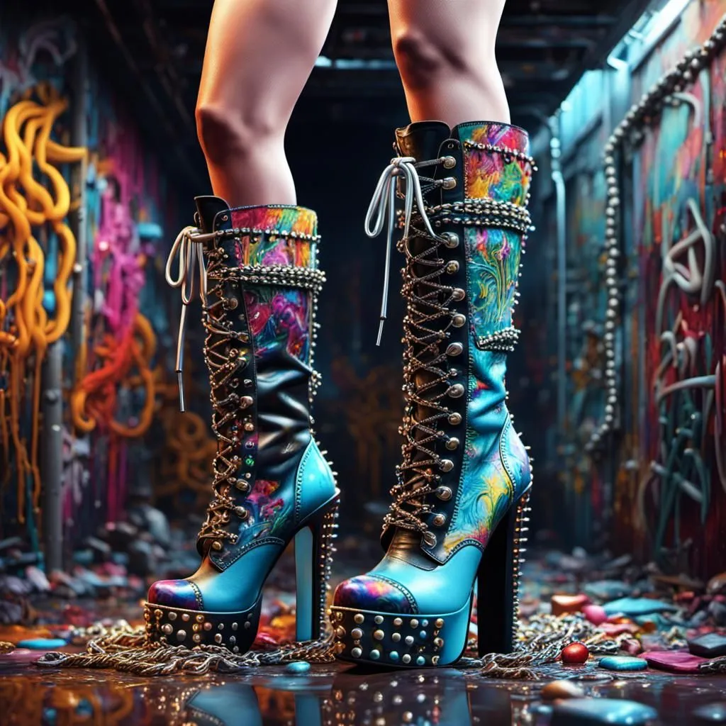 A woman is wearing a pair of colorful high-heeled boots. The boots are blue, pink, yellow, and green, and they have a floral pattern. The woman is standing in a dark room, and the only light comes from the boots. The boots are very tall, and they make the woman look taller and more powerful. The woman's legs are long and slender, and the boots accentuate her curves. The woman is wearing a confident expression, and she looks like she is ready to take on the world.