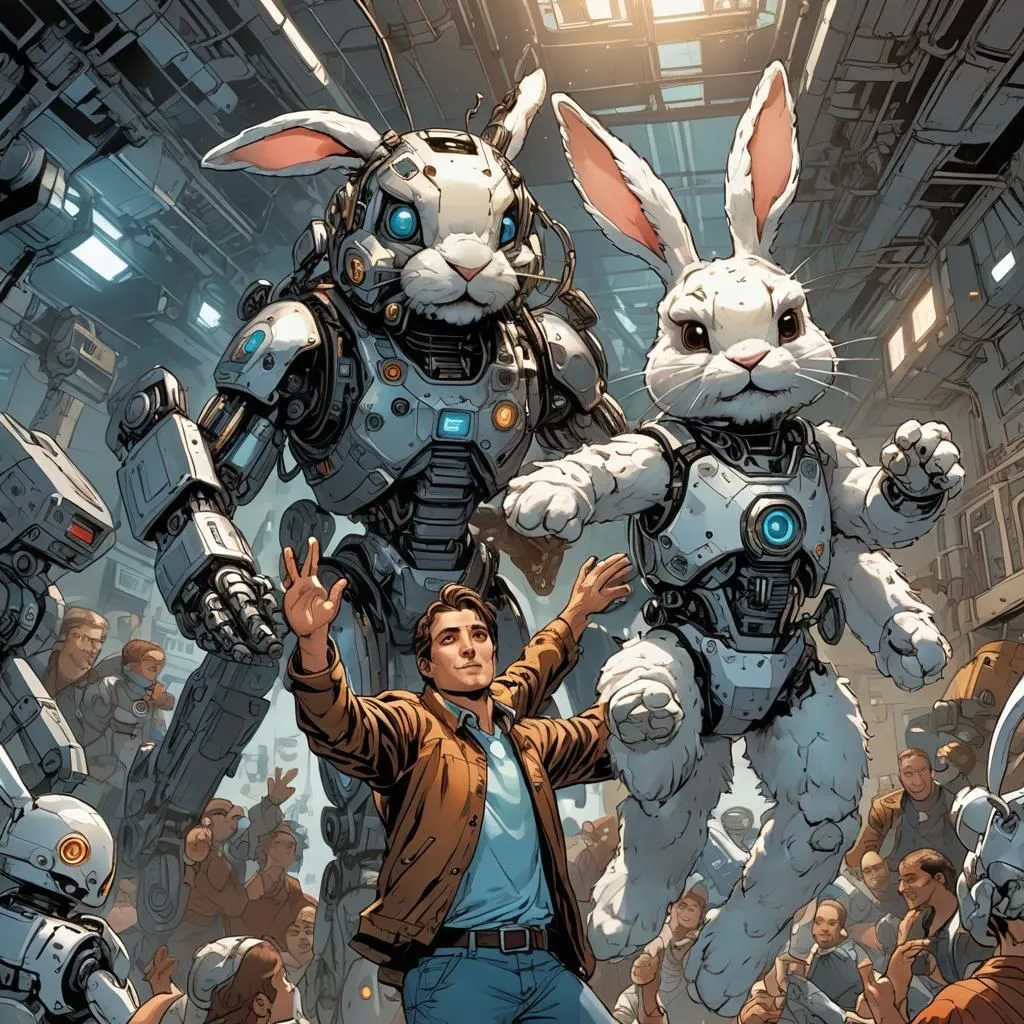 The image is of a man standing in front of a giant robot rabbit. The robot is white and grey and has a friendly expression on its face. The man is wearing a brown jacket and blue jeans and has his hand raised in the air. He looks up at the robot in awe. There is a crowd of people in the background, all of whom are looking at the robot.