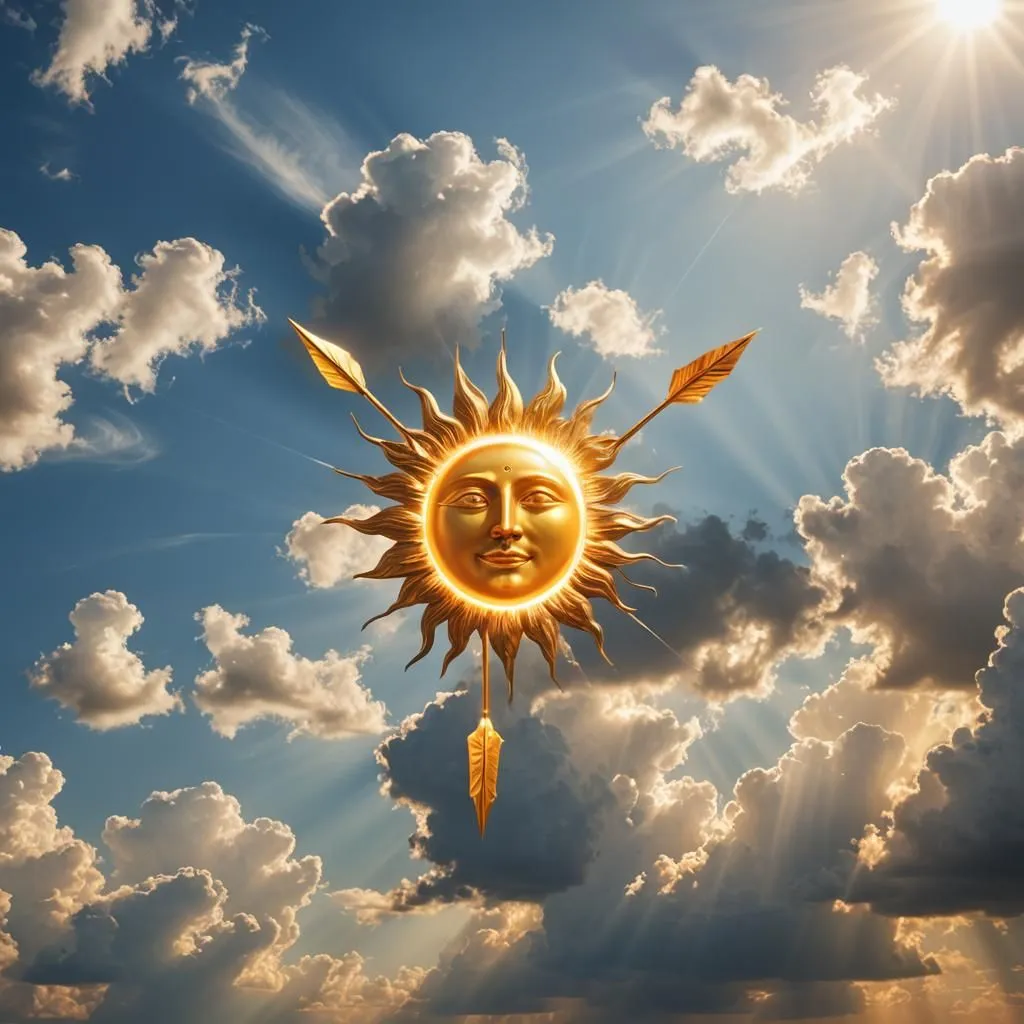 The image is of a golden sun with a face in the center. The sun is surrounded by clouds and has four arrows pointing at it. The sun is smiling and has a serene expression on its face. The image is set against a blue sky and the sun is casting rays of light down.