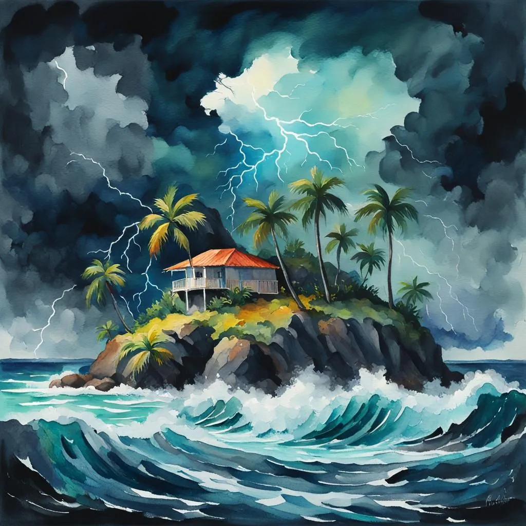 A small island in the middle of the ocean is being battered by a storm. The waves are crashing against the shore, and the palm trees are swaying in the wind. The house on the island is barely visible through the rain and lightning. The painting is full of movement and energy, and it captures the power and beauty of nature.