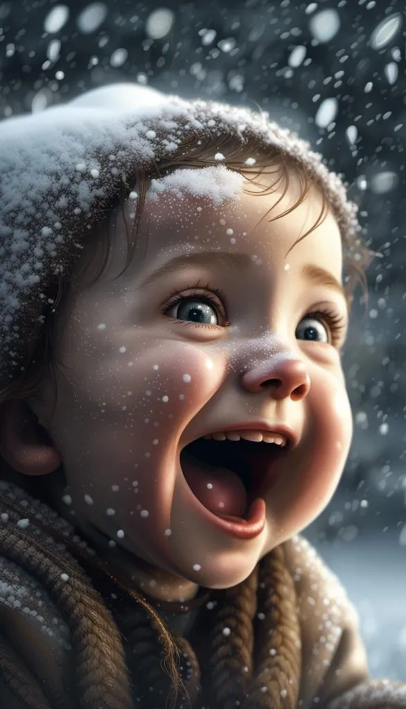 The image shows a baby's face. The baby is wearing a brown coat with a fur collar. The baby's head is covered in snow. The baby's eyes are wide open and he is smiling. The baby's cheeks are rosy. The background is a blur of falling snow.