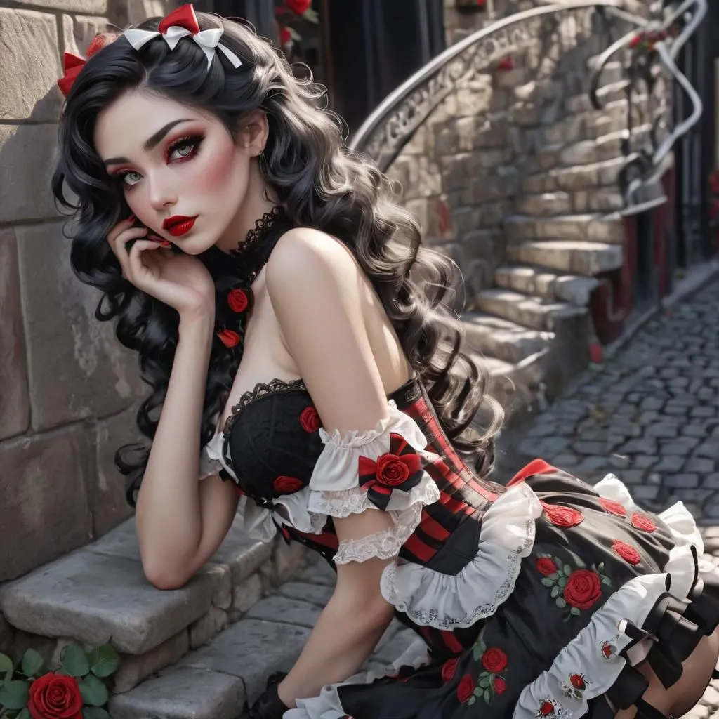 The image shows a beautiful woman with long black hair and red eyes. She is wearing a black and red dress with a white collar. The dress is decorated with roses. She is sitting on a stone step with her hand on her cheek. She is looking at the viewer with a seductive expression.