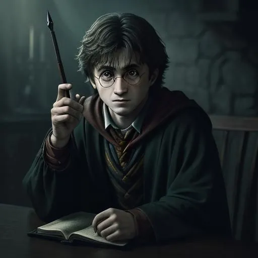 This is a picture of Harry Potter, a fictional character in a series of fantasy novels written by J. K. Rowling. Harry is a young wizard who attends Hogwarts School of Witchcraft and Wizardry. He is known for his bravery, loyalty, and determination. In this picture, Harry is sitting at a table, holding a quill and book. He is wearing his Hogwarts uniform and has a serious expression on his face.