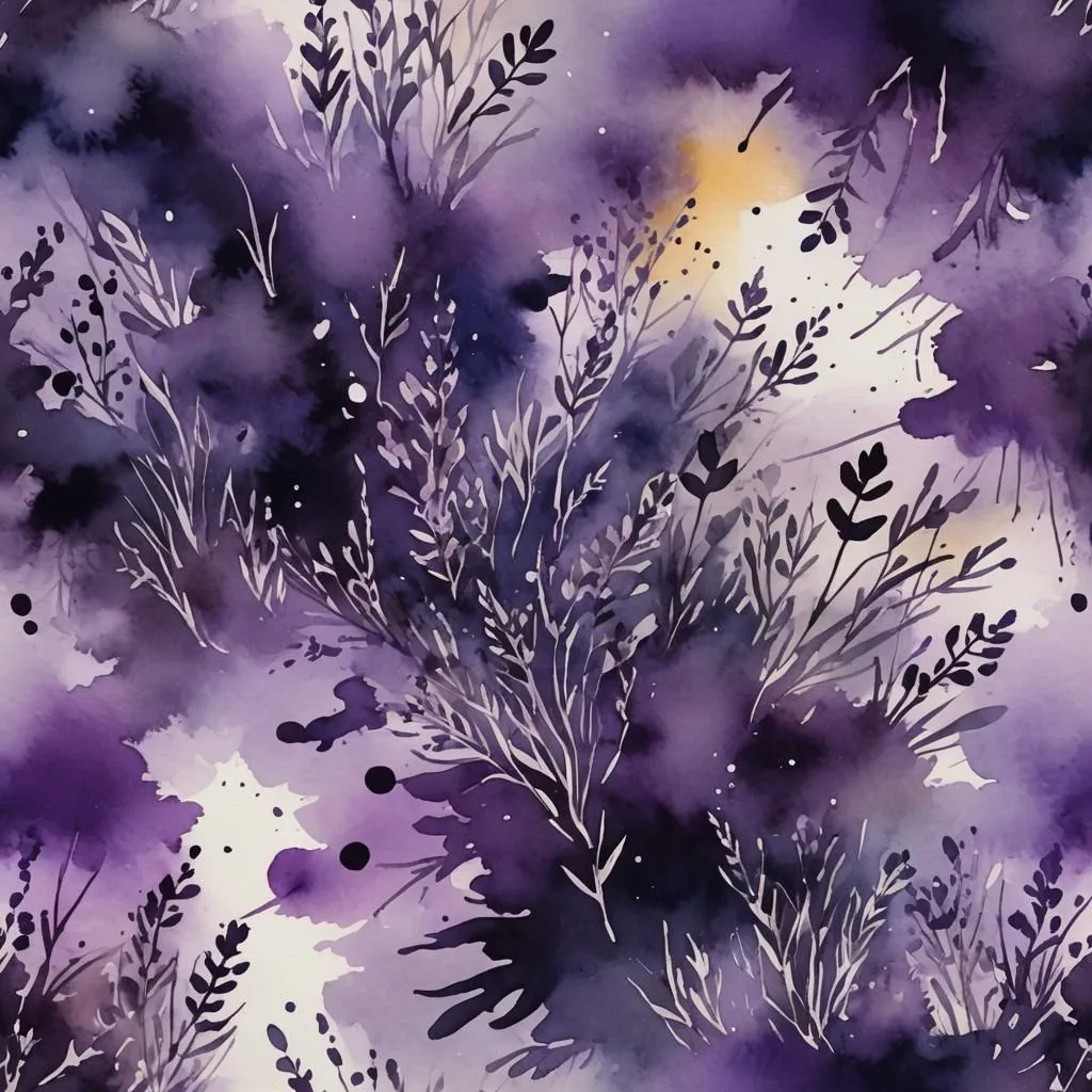 The image is a watercolor painting of lavender flowers. The flowers are purple, with some white and yellow highlights. The background is a light purple. The painting has a soft, dreamy feel to it.