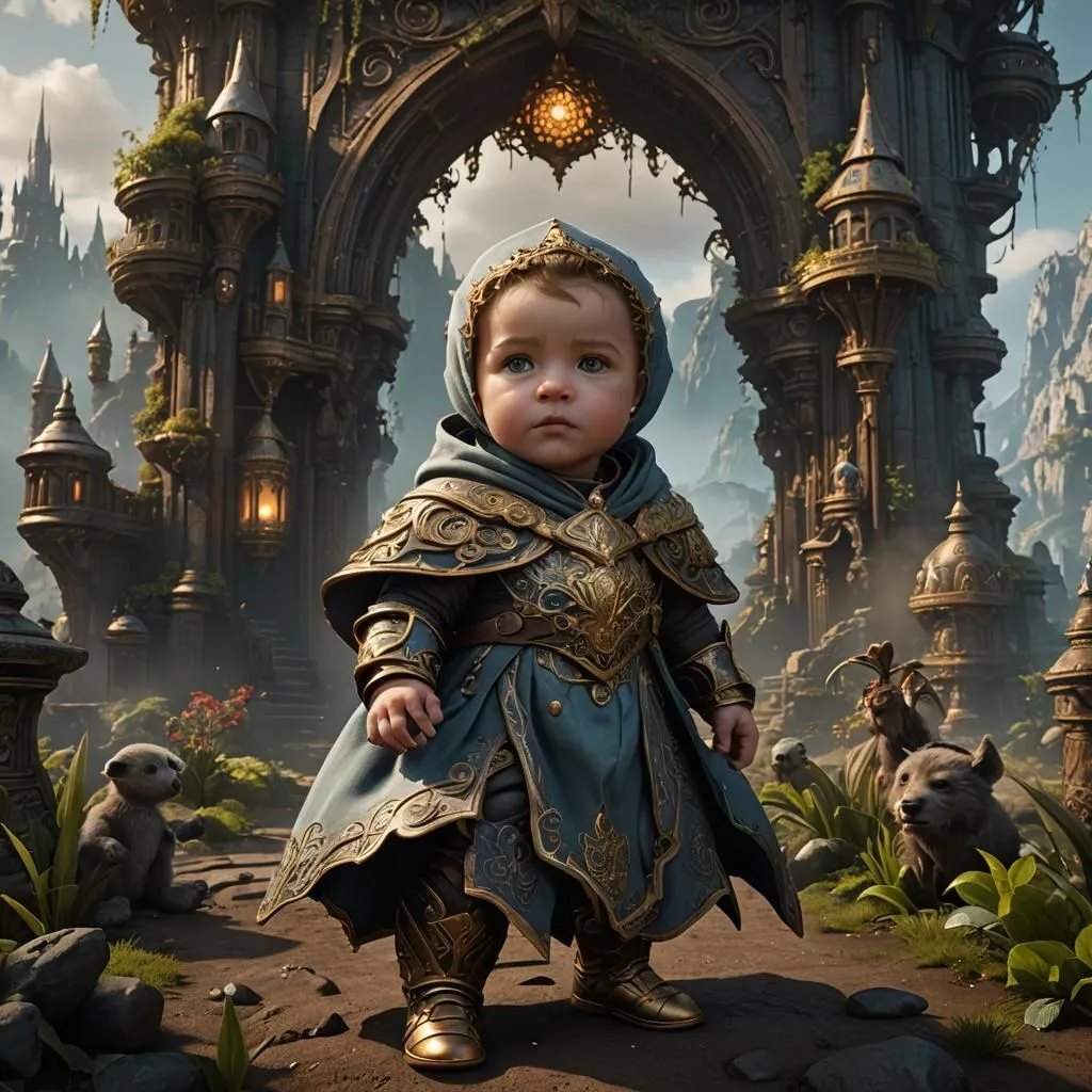 The image shows a baby wearing a suit of armor. The baby is standing in a courtyard, with a large gate in the background. The gate is made of stone and has intricate carvings on it. There are two small animals standing on either side of the baby. The baby is looking at the camera with a curious expression.