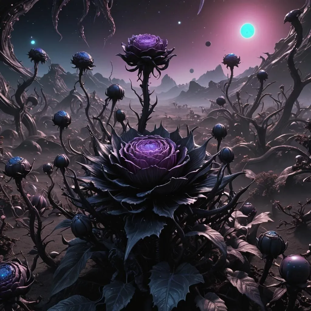 The image is set in an alien landscape with large, dark purple flowers with glowing blue centers. The flowers are surrounded by tall, thorny stems and strange, glowing plants. The ground is covered in a thick layer of black soil, and the sky is dark and filled with stars. There are two moons in the sky, one blue and one pink. The image is both beautiful and eerie, and it evokes a sense of wonder and mystery.