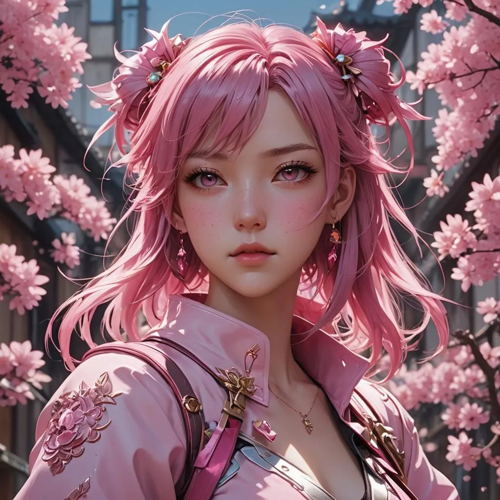 This is an image of a beautiful anime girl with pink hair. She is wearing a pink kimono with white and pink flowers. Her hair is tied up in two buns with pink and white flowers in her hair. She has pink eyes and a fair complexion. She is standing in a street with cherry blossoms falling around her.