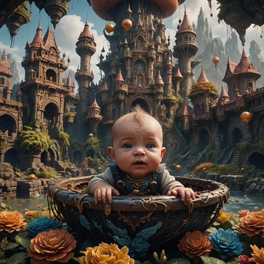 In a whimsical digital painting, a cherubic baby sits in a large ornate bowl surrounded by vibrant flowers. The baby, wearing a white and blue outfit, looks out at the viewer with wide, curious eyes. The bowl is placed in a lush, fantastical landscape with a grand castle in the background. The castle is adorned with towers, turrets, and colorful flags, and it is surrounded by lush trees and waterfalls. The sky is a clear blue, and there are hot air balloons floating in the distance.