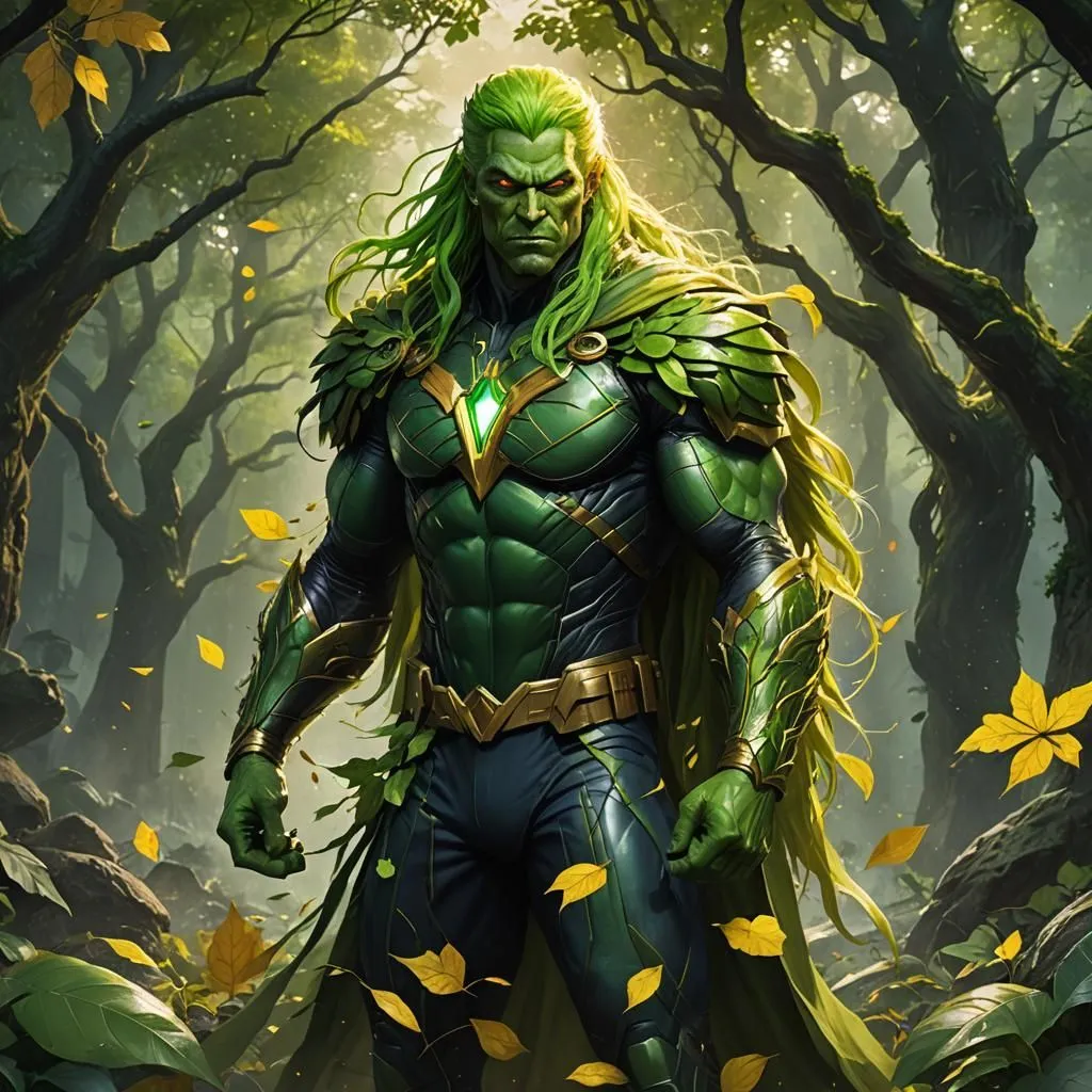 The picture shows a man with green hair and green skin. He is wearing a green suit with leaves on it. He is standing in a forest, surrounded by trees. The man has a muscular build and is looking at the viewer with a determined expression.