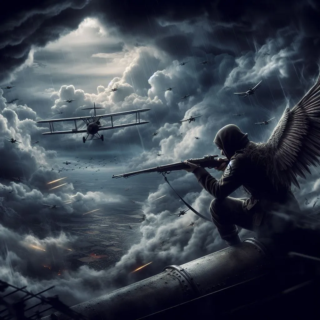 A dark, stormy sky is filled with warplanes. In the foreground, a soldier with angel wings kneels on a pipe, taking aim with a rifle. The soldier is wearing a tattered uniform and has a determined look on his face. The planes are flying in formation, and their propellers are spinning furiously. The scene is one of chaos and danger, and it is clear that the soldier is in a desperate fight.