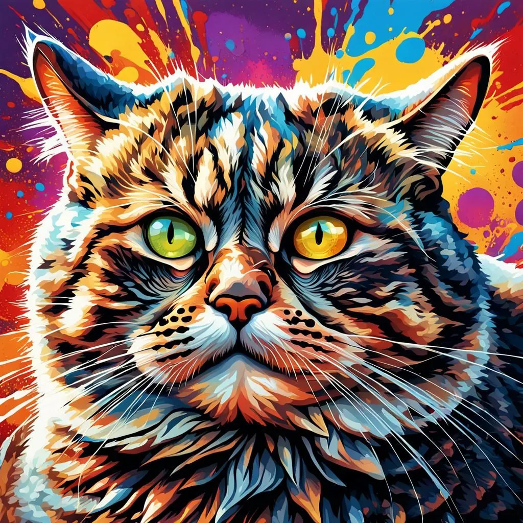 A digital painting of a cat with bright, almost neon fur. The cat is looking at the viewer with wide green eyes and has a slightly surprised expression on its face. The background is a rainbow of colors, with the paint appearing to have been thrown at the canvas. The overall effect is one of vibrancy and energy.