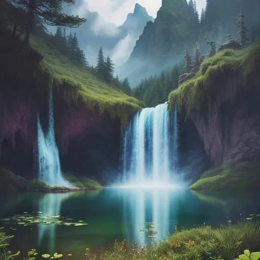 The waterfall is cascading down the mountainside, creating a powerful and mesmerizing display. The water is crystal clear and reflects the lush green surroundings. The air is filled with the sound of the rushing water and the birds singing. The scene is one of peace and tranquility. The waterfall is a source of life and energy, and it is a reminder of the beauty and power of nature.