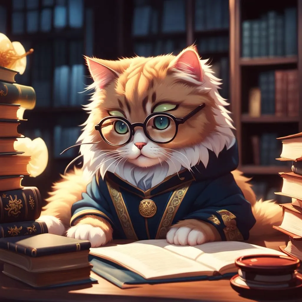 A ginger cat wearing glasses is sitting at a desk in a library. The cat is wearing a blue robe with a gold chain around its neck. There are books stacked on either side of the cat and an open book on the desk in front of him. The cat has a paw on the open book and is looking at the reader.