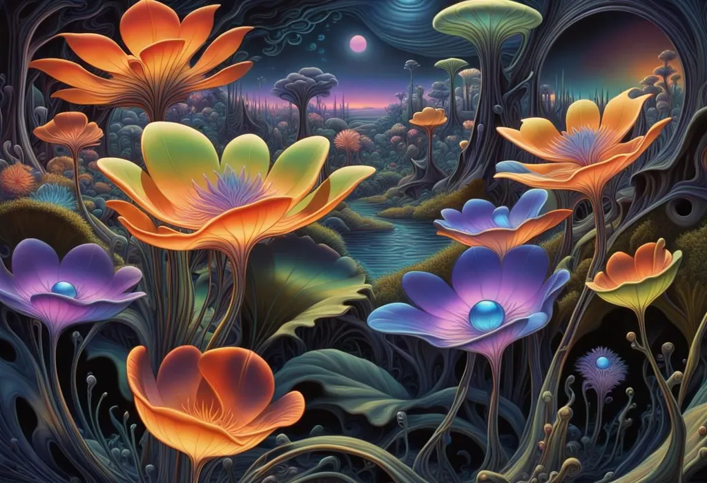 The image is a beautiful depiction of an alien landscape. The foreground is filled with a variety of colorful flowers, while the background shows a dark sky with two moons. The flowers are all different shapes and sizes, and they are all rendered in great detail. The colors are also very vibrant, and they create a sense of wonder and excitement. The image is full of interesting details, and it is clear that the artist put a lot of thought into its creation.