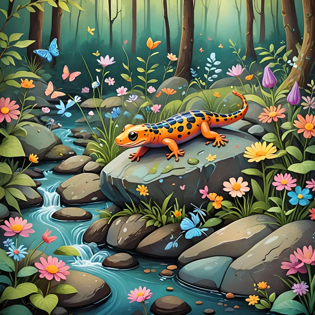 A salamander is sitting on a rock in a babbling brook. The salamander is orange with black spots. The rock is covered in moss and flowers. There are also flowers and plants all around the brook. In the background, there are tall trees. The sun is shining through the trees. A butterfly is flitting around the flowers. The salamander is smiling and looks happy.