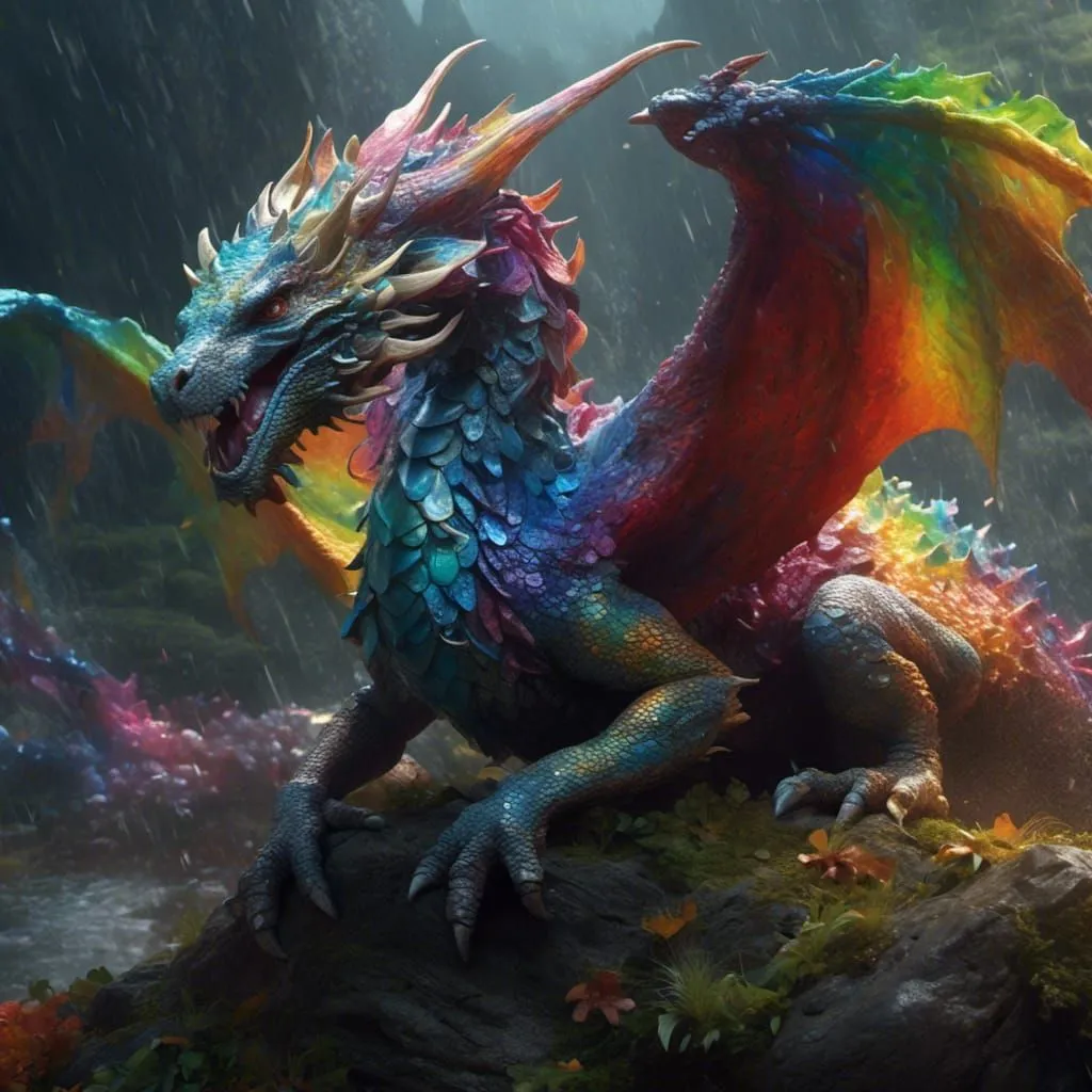 The dragon is sitting on a rock in the middle of a forest. The dragon is covered in scales that are a rainbow of colors. The dragon has a long, serpentine body and a pair of wings that are outstretched. The dragon's head is raised and its mouth is open,露出锋利的牙齿. The dragon's eyes are a deep, piercing blue. The forest is dark and gloomy, and the trees are bare. The only light comes from a few small, glowing mushrooms. The dragon is a powerful and majestic creature, and it is clear that it is the ruler of this forest.