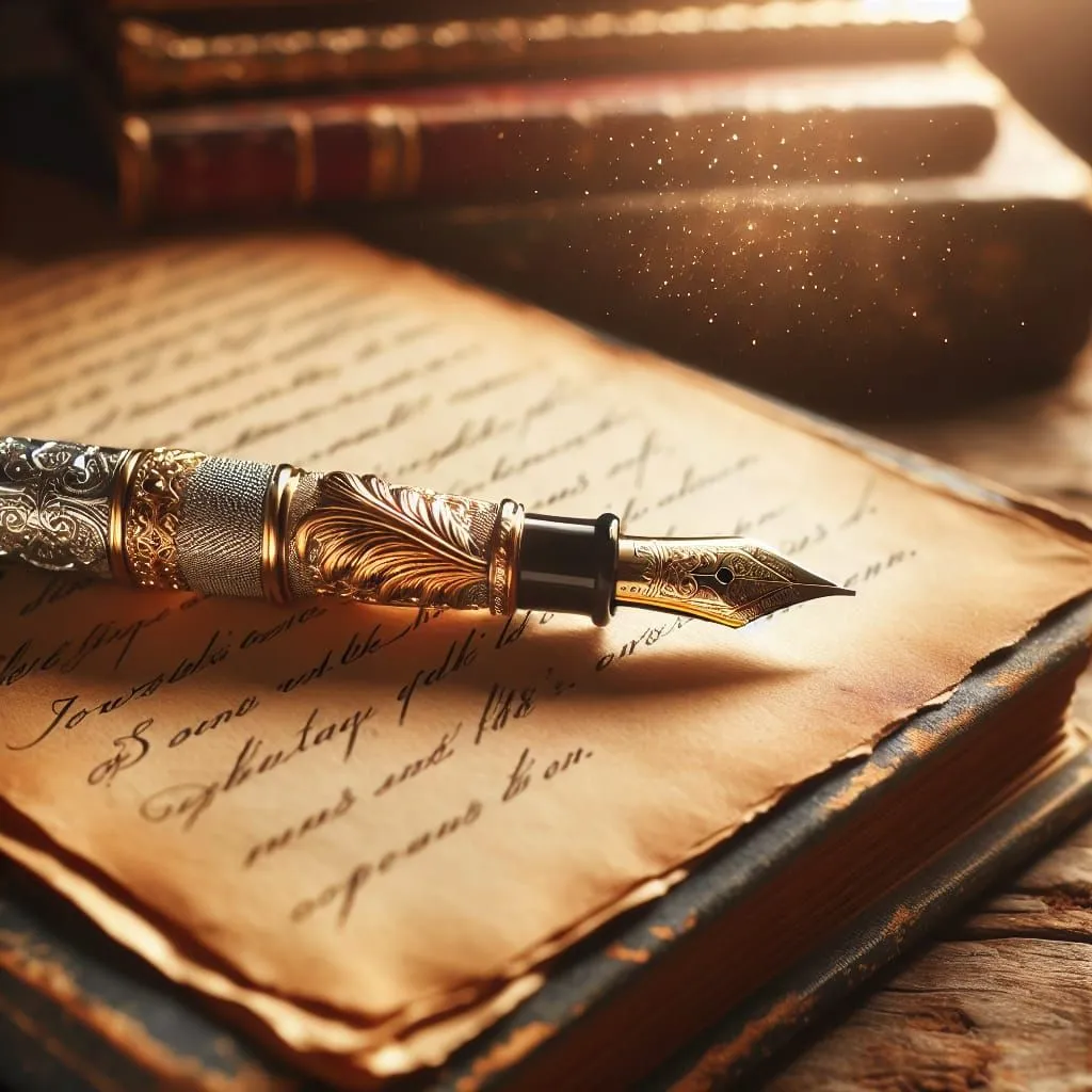 In the dim light, an ornate fountain pen rests gracefully on a weathered journal. Its golden nib hovers above the delicate pages,仿佛随时准备将思想和情感倾泻于纸上。周围散落着几本书，它们仿佛在等待着被书写，被赋予新的生命。整个画面散发出一种宁静祥和的气息，仿佛时间在这里暂停，等待着下一个故事的诞生。