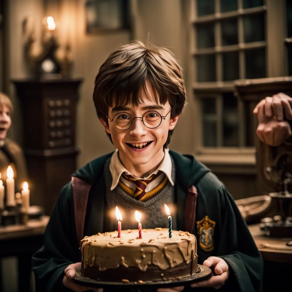 Harry Potter is a young wizard who is celebrating his birthday. He is wearing a Hogwarts uniform and has a cake in front of him. He is smiling and looks happy. There are candles on the cake.