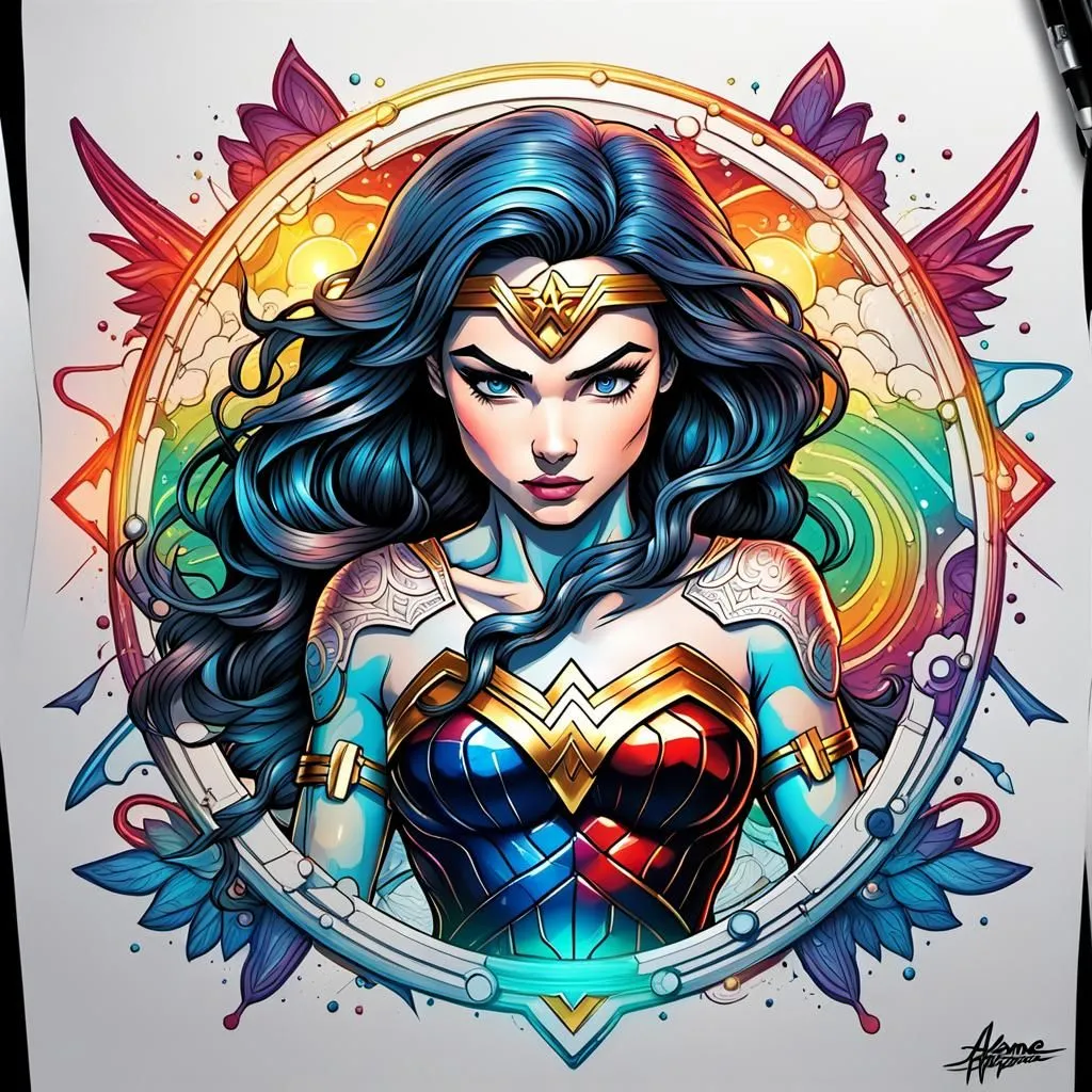 This is a picture of Wonder Woman. She is a superhero who appears in DC Comics. She is known for her strength, courage, and compassion. She is often depicted wearing a red, white, and blue costume and a tiara. She has long, flowing hair and blue eyes. She is a symbol of hope and justice.