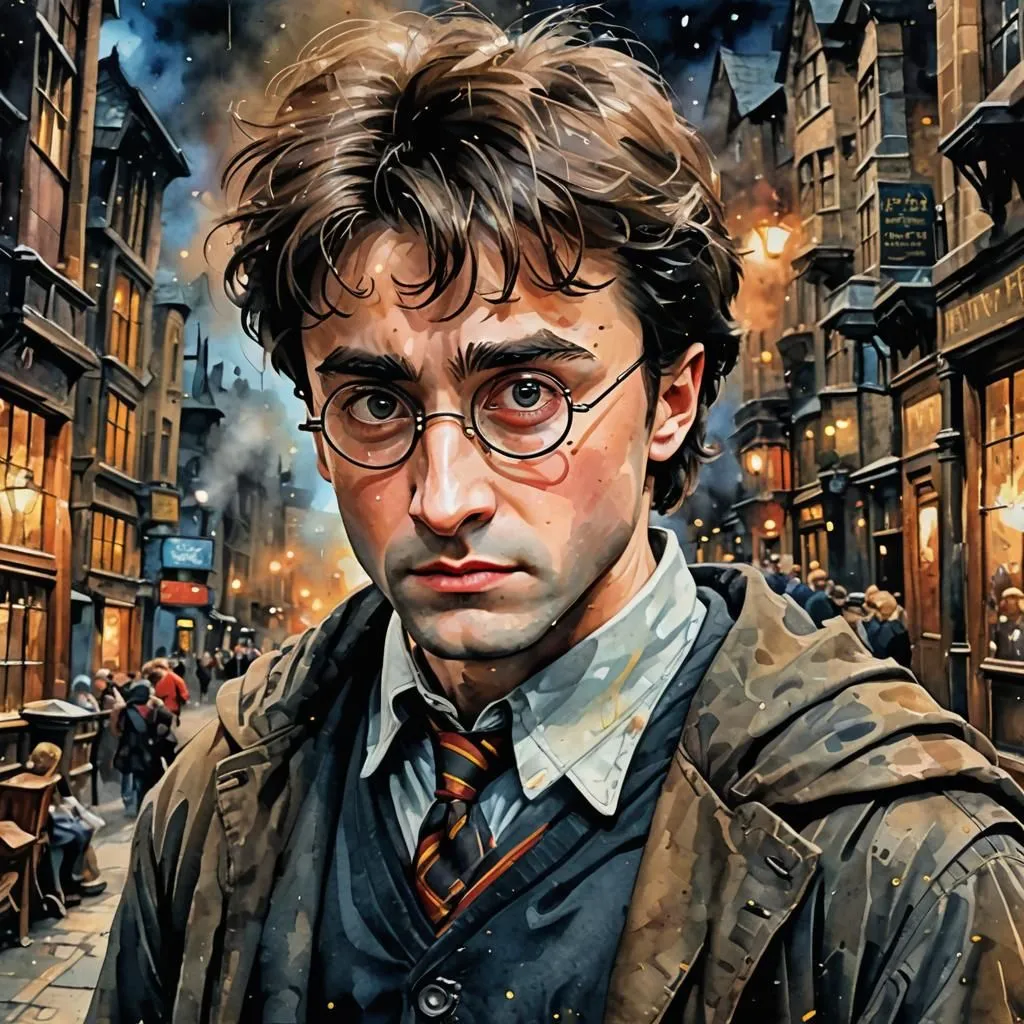 This is a painting of Harry Potter, a character from the Harry Potter series. He is a young boy with messy brown hair and green eyes. He is wearing a Hogwarts uniform, which consists of a black robe, a white shirt, and a red and yellow tie. He is standing in Diagon Alley, a street in London that is home to many magical shops. The painting is done in a realistic style, and the artist has captured Harry's likeness well.