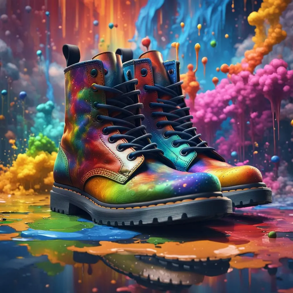 A pair of multi-colored boots sit in a puddle of rainbow-colored liquid. The boots are covered in various shades of red, orange, yellow, green, blue, and purple. The background is a bright, colorful explosion of rainbow-colored powder.