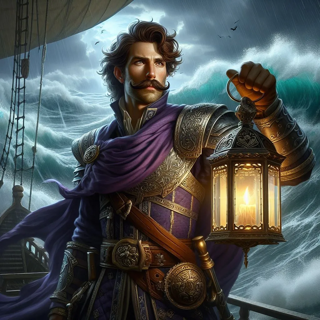 A man stands on the deck of a ship, holding a lantern. He is dressed in fine clothes and has a mustache. The sea is rough and the waves are crashing over the side of the ship. The man looks out at the storm with a determined expression.