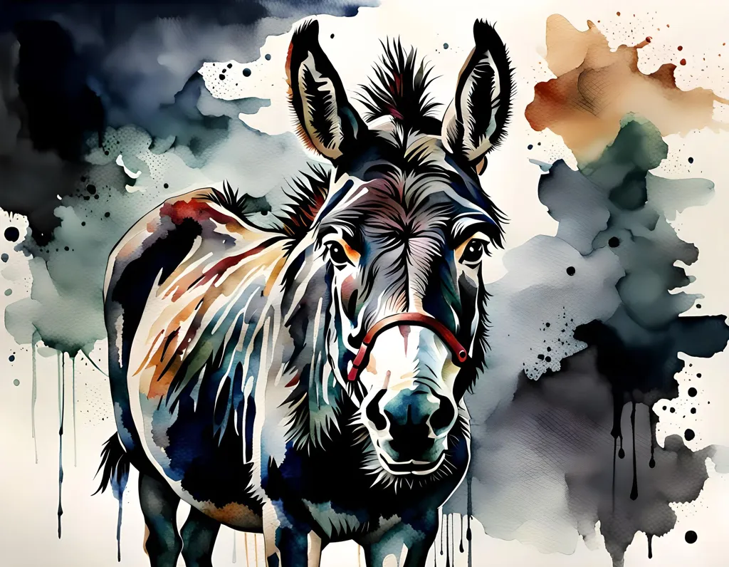 This is a watercolor painting of a donkey. The donkey is standing in a field, looking at the viewer. It has a brown coat with a white belly and a white mane. The background is a wash of blue and green. The painting is done in a loose, sketchy style, and the colors are vibrant and expressive.