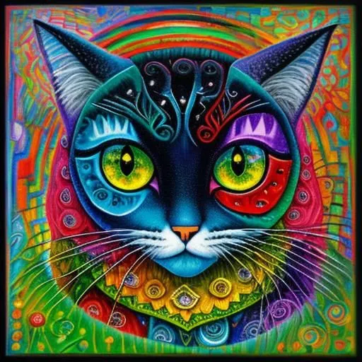 This is a painting of a cat. The cat has blue fur, green eyes, and a pink nose. It is wearing a colorful collar and has a lot of fur. The background is a rainbow of colors, with the colors blending into each other. The painting has a psychedelic look and feel, and it seems like the cat is in a trance.