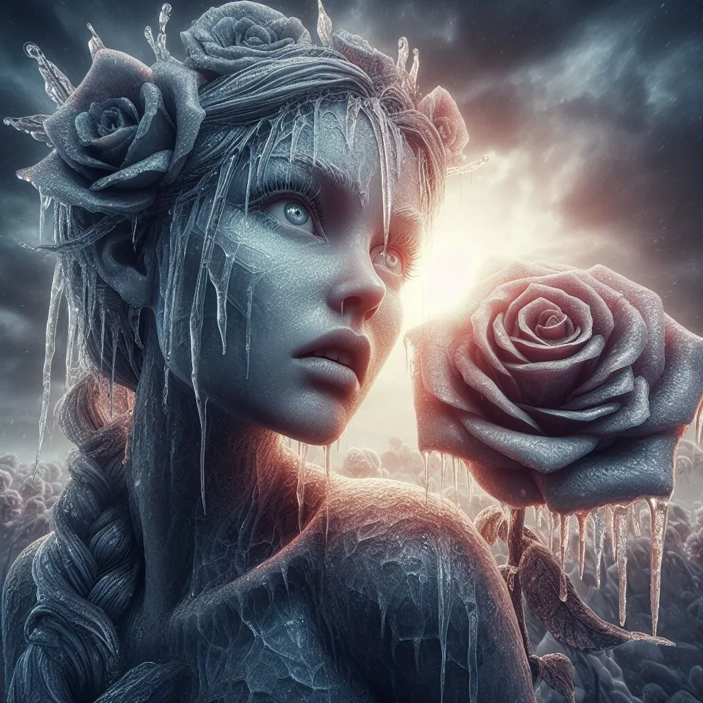 The image is a depiction of the Snow Queen. She is a beautiful woman with long, flowing hair and piercing blue eyes. Her skin is pale and flawless, and her lips are a deep red. She is wearing a crown of ice and roses, and her body is covered in frost and icicles. She is standing in a frozen forest, and the only light comes from the sun, which is setting behind her. The Snow Queen is a powerful and dangerous creature, but she is also beautiful and tragic. She is a reminder that even the most beautiful things can be dangerous, and that even the most powerful creatures can be lonely.