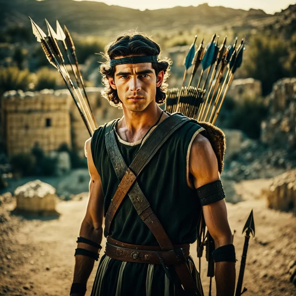 The image shows a young man dressed in a green tunic and brown leather vest. He has a quiver full of arrows on his back and a bow in his hand. He is standing in a rocky, hilly landscape. He looks like a warrior or a hunter.