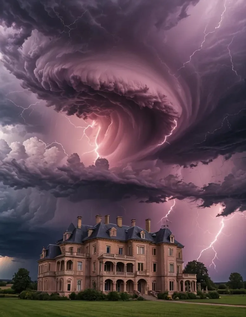 The image is of a large, dark house with a storm in the background. The storm is a tornado, and it is very close to the house. The house is in danger of being destroyed by the storm. The image is very dramatic, and it shows the power of nature.