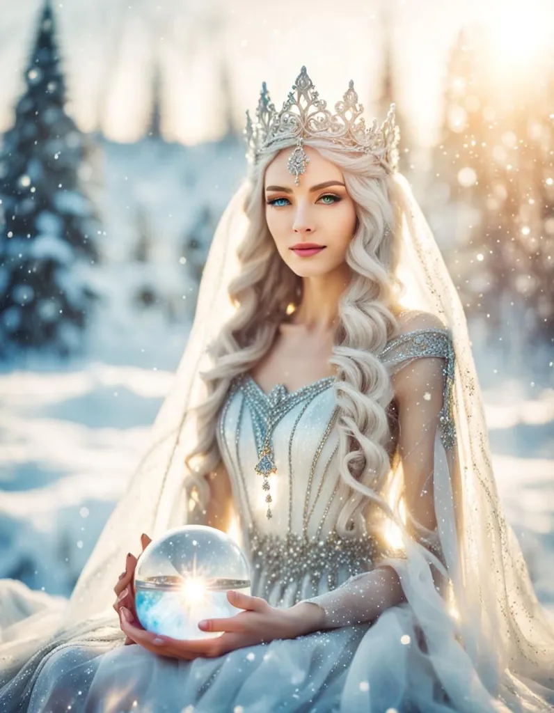 The Snow Queen sits on a frozen throne, her eyes are cold and distant. Her long white hair is adorned with a crown of ice and snow. She is wearing a dress that is as white as snow, and her skin is as pale as ice. Her lips are blue from the cold, and her cheeks are flushed with frost. She is holding a snowball in her hand.