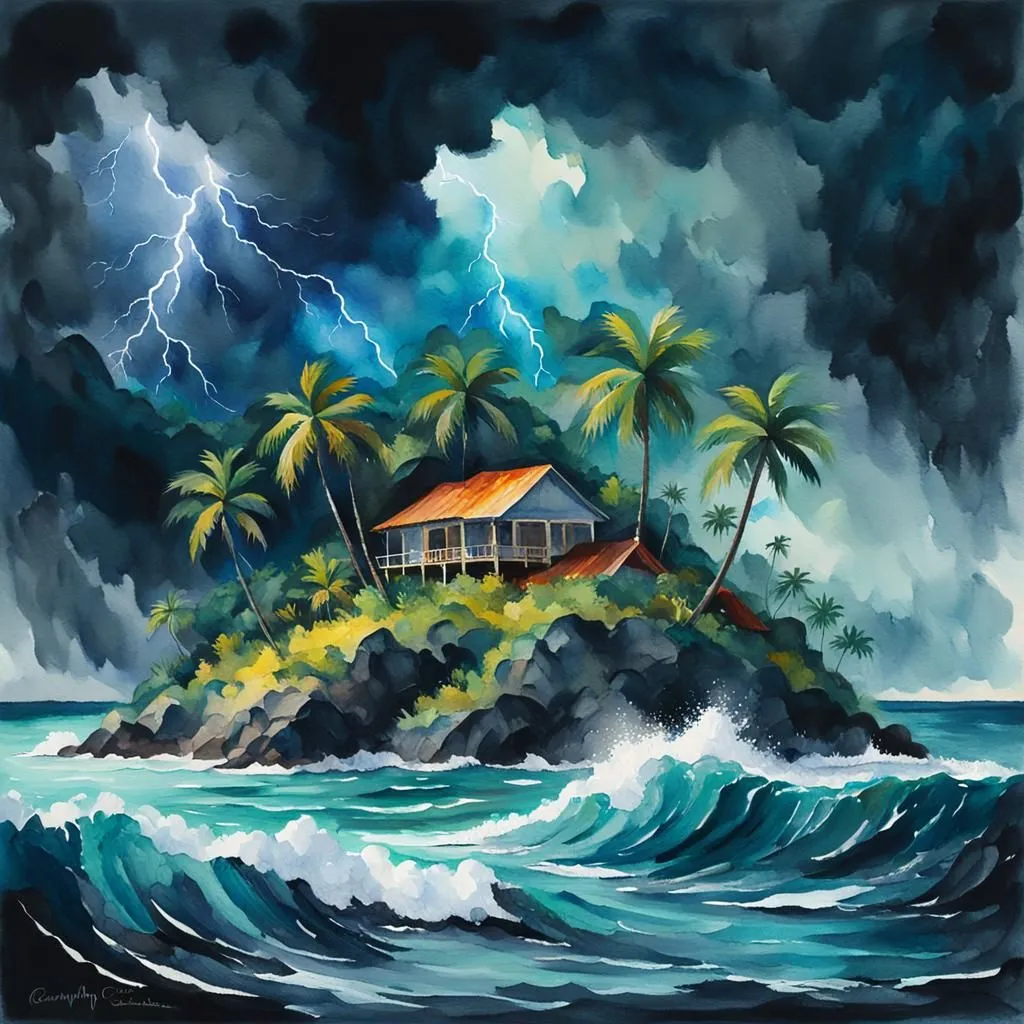 This is a digital painting of a tropical island during a storm. The painting is done in a realistic style, and the artist has used a variety of techniques to create a sense of depth and atmosphere. The foreground is dominated by the汹涌澎湃的大海, which is rendered in great detail. The waves are crashing against the rocky shore, and the spray is flying into the air. The middle ground is occupied by a small island, which is covered in lush vegetation. The palm trees are blowing in the wind, and the leaves are scattered across the ground. The background is dominated by the dark storm clouds, which are lit up by the闪电. The painting is full of energy and movement, and the artist has captured the sense of drama and danger that is associated with tropical storms.