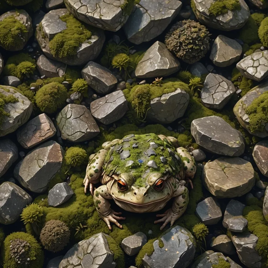 A toad sits on a bed of rocks and moss. The toad is brown and green, with a blue spot on its head. It is looking at the viewer with its big, yellow eyes. The rocks are gray and brown, and the moss is green. The toad is surrounded by small, white flowers.