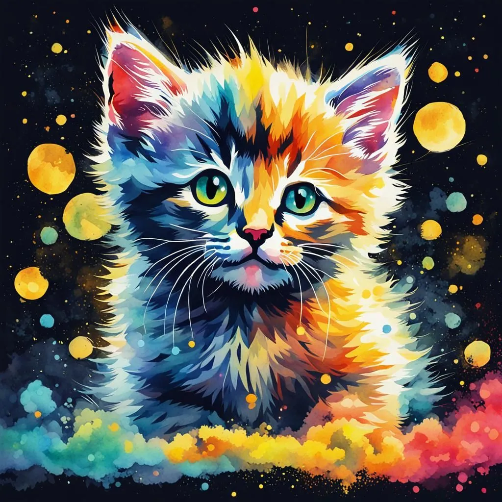 A beautiful watercolor painting of a cat. The cat has bright green eyes and looks like it is staring at something. The cat's fur is a rainbow of colors, with blues, greens, yellows, and oranges. The background is a dark blue with yellow and white circles. The painting has a whimsical and dreamlike quality.