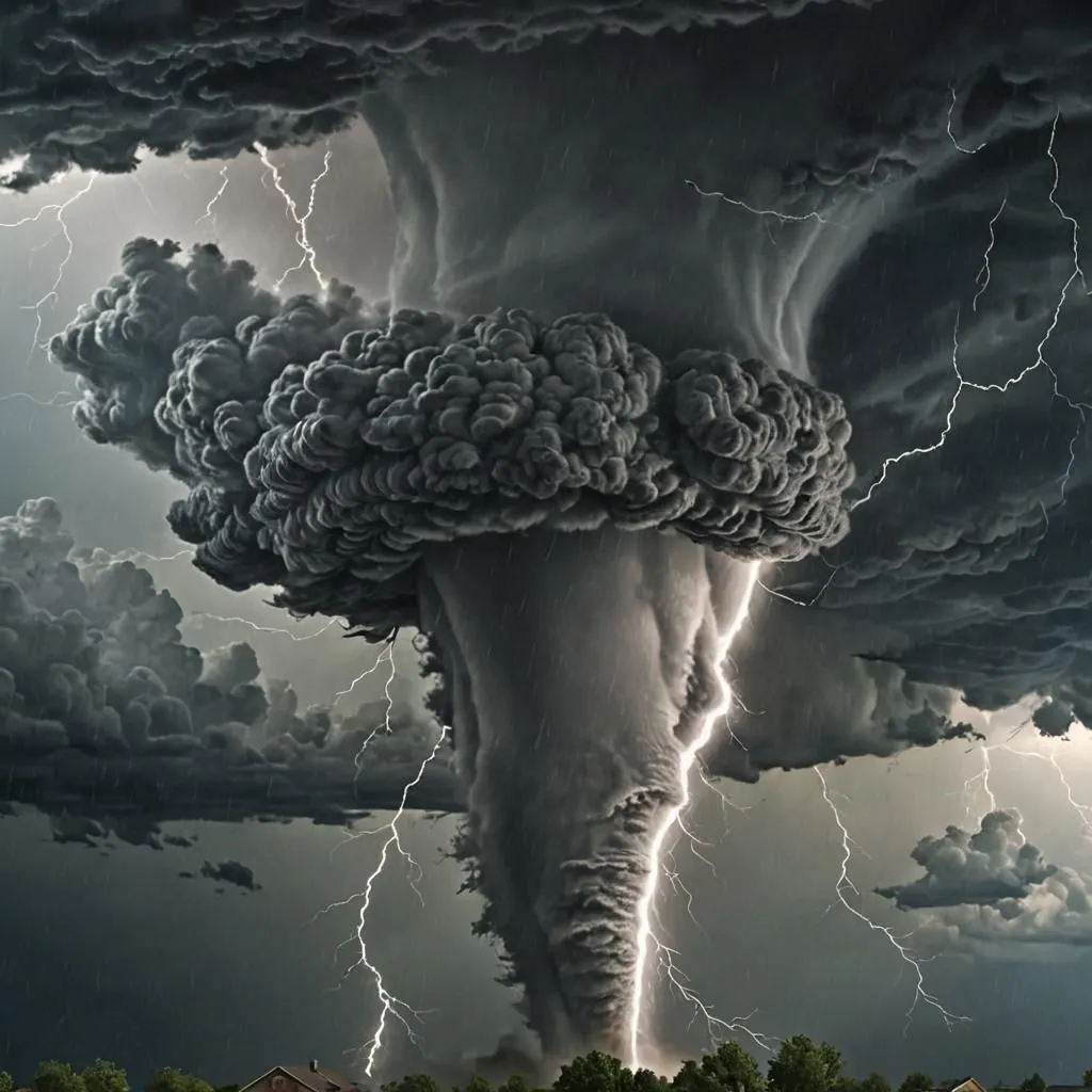 The image shows a large tornado. The tornado is surrounded by dark clouds and lightning. There is a house in the foreground of the image, and the tornado is destroying it. The tornado is very powerful, and it is clear that it is capable of causing a lot of damage. The image is very dramatic, and it captures the power and fury of nature.