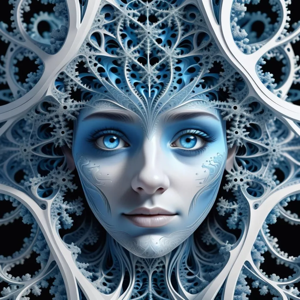 This image is a depiction of the Snow Queen, a character from a Hans Christian Andersen fairy tale. The Snow Queen is a powerful and beautiful woman who lives in a palace made of ice and snow. She has the power to freeze people's hearts with her icy touch. In this image, the Snow Queen is shown with her pale skin, blue eyes, and long white hair. She is wearing a crown made of ice and snow, and her dress is made of the same material. She is surrounded by snowflakes, and her face is expressionless.