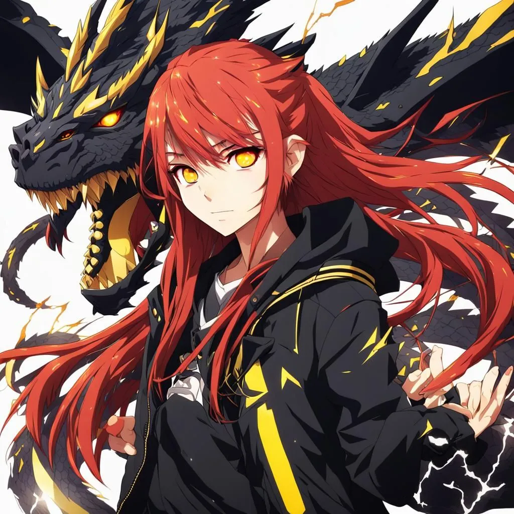 A girl with long red hair and yellow eyes is standing in front of a black dragon. The girl is wearing a black hoodie with yellow lightning bolts on it. The dragon has yellow eyes and black scales. The girl and the dragon are both looking at the viewer.