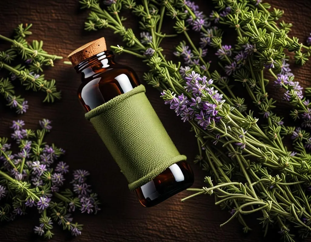 A small brown glass bottle of essential oil sits on a wooden table. The bottle is wrapped in a green cloth and has a cork stopper. It is surrounded by lavender flowers and leaves. The flowers are purple, blue, and white. The leaves are green and have a serrated edge.