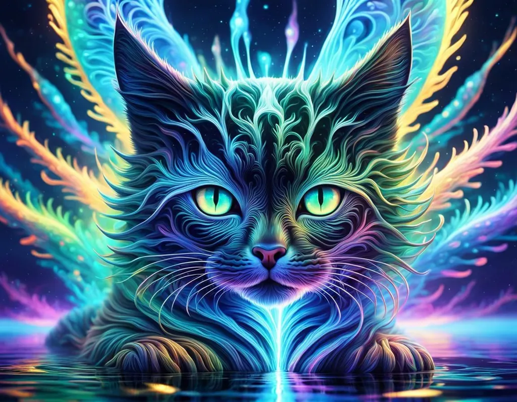 The image is a colorful digital painting of a cat. The cat is sitting on a bed of rainbow-colored clouds and has a glowing, feathered mane around its head. The cat's eyes are bright green and its fur is a deep blue. The background is a dark blue night sky filled with stars. The painting has a surreal, dreamlike quality and seems to depict a magical or mythical creature.